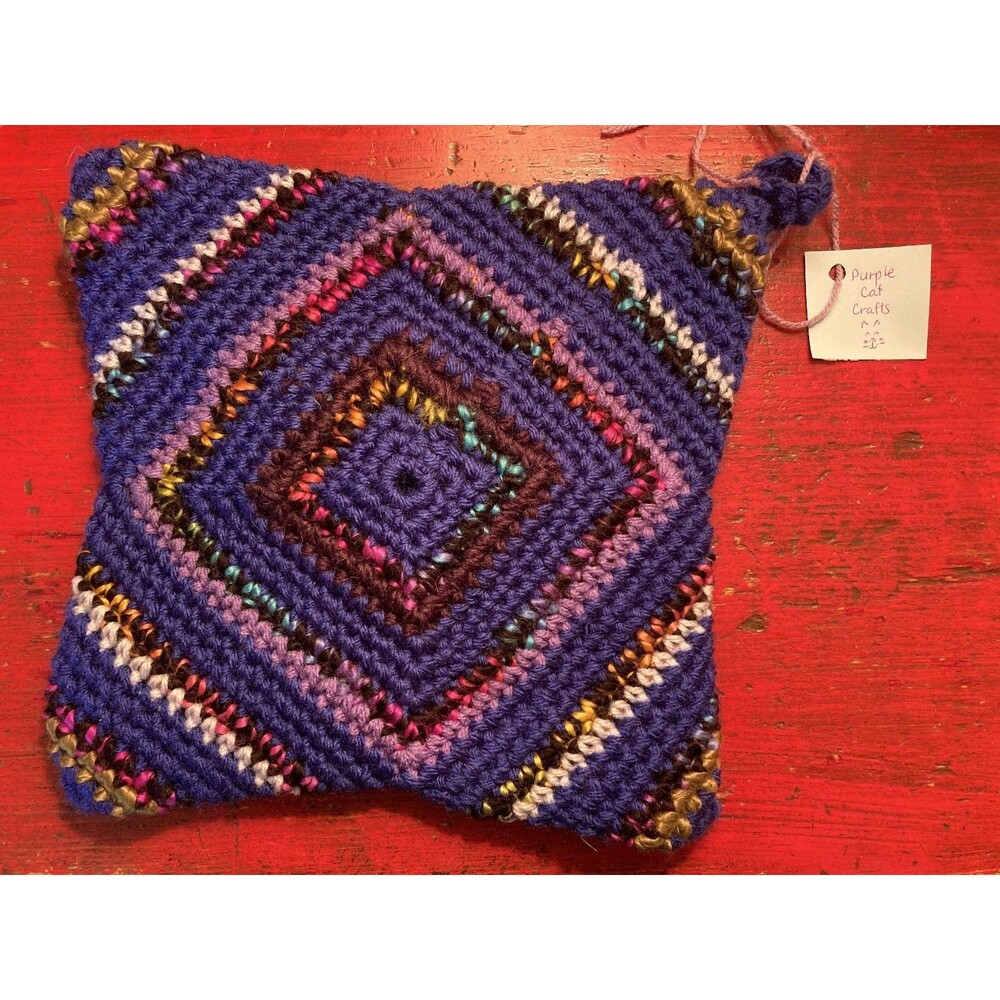 PURPLE CAT CRAFTS Handmade Crocheted Trivet Potholder Hot Pad Geometric Square